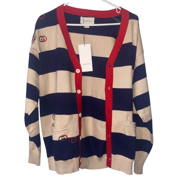 Authentic Gucci Striped Cardigan Beige & Navy with Red Trim -Size XL (No Papers) - Picture 3 of 6